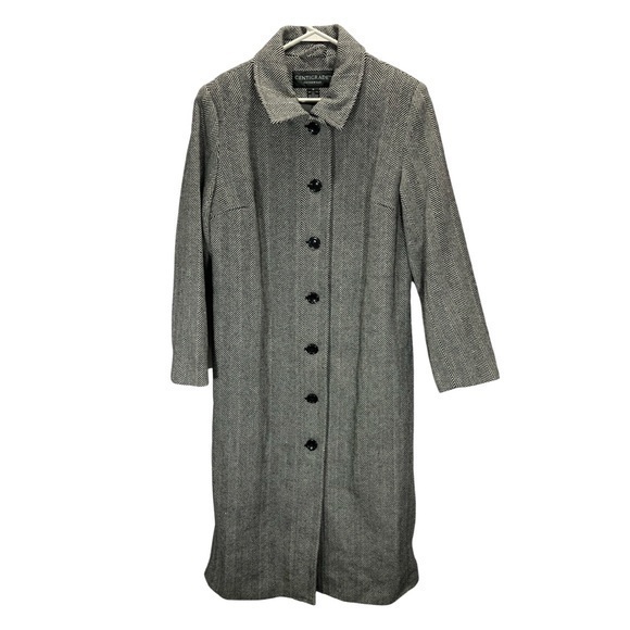 Vintage Centigrade Outerwear Women’s Black Herringbone 100% Wool Trench Coat - Picture 1 of 13